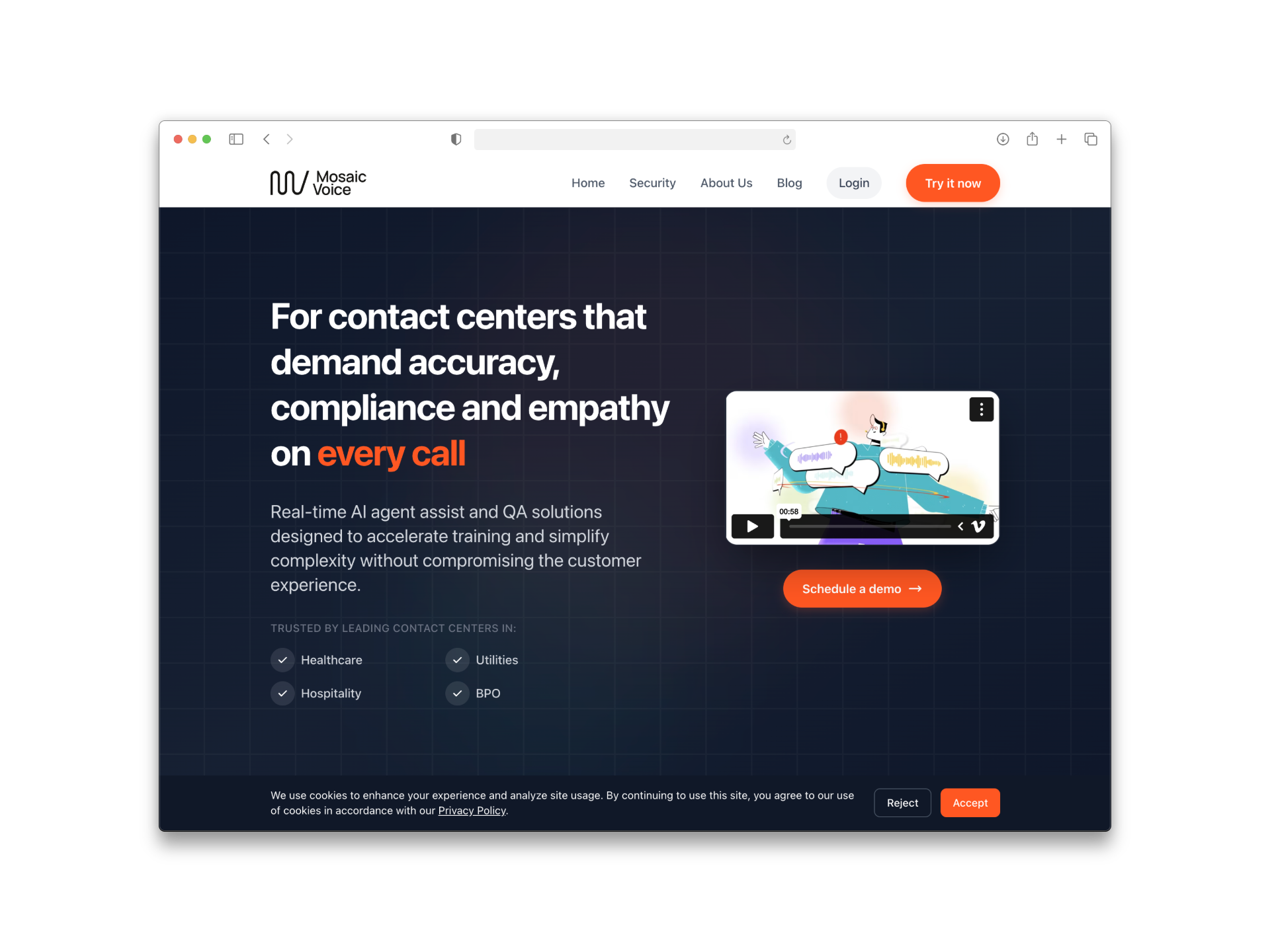 MosaicVoice marketing site screenshot